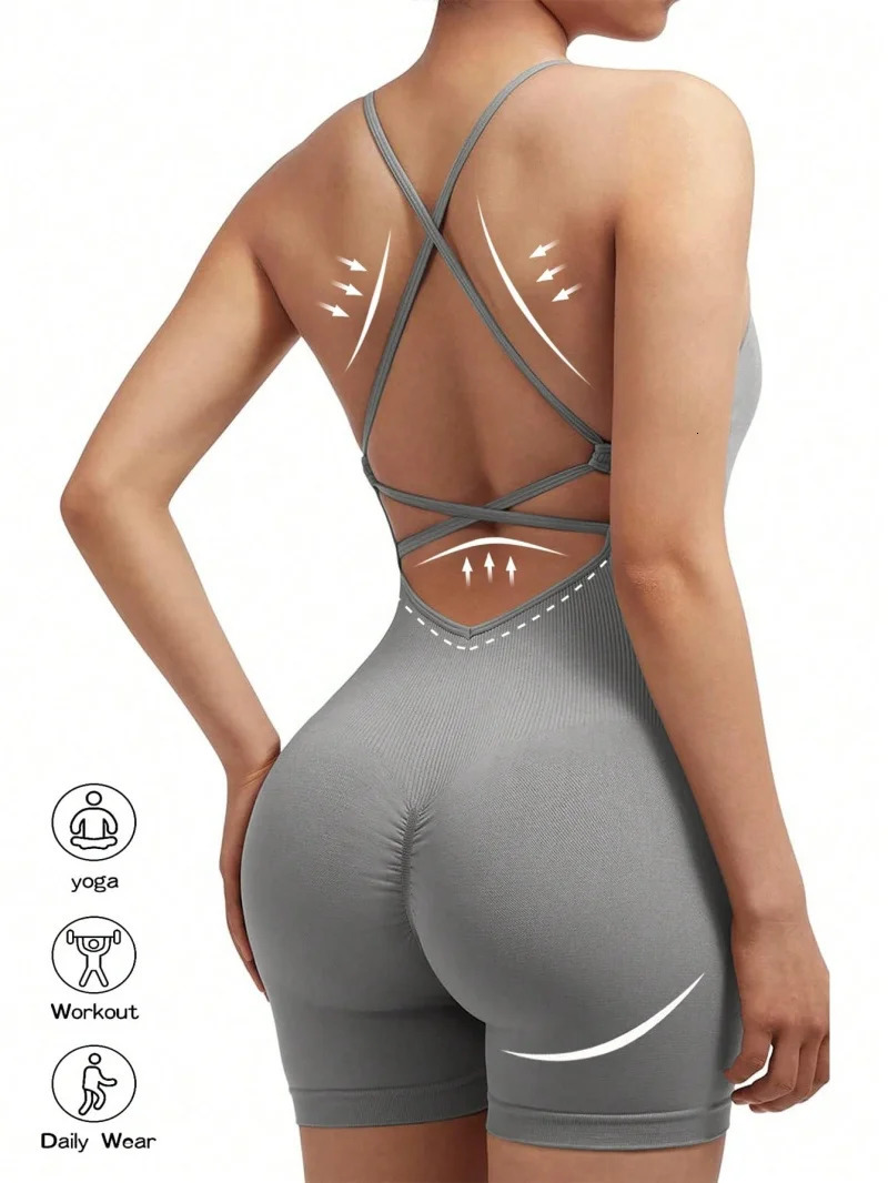 Sexy Fiess Jumpsuit Women Cross Adjustable Sports Playsuit Running One Piece Yoga Suit Scrunch Shorts Backless Set Romper 250313