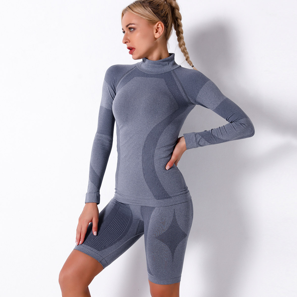 New tracksuit seamless knitted sexy striped breathable long sleeved shorts set, yoga suit, sports and fitness pants leggings