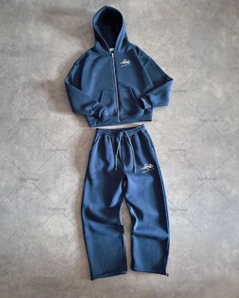 American Street Harajuku Set Fashion Trend Zipper Hoodie Hip Hop Full Match Sweatshirt Retro Drawstring Wide Leg Mens Sports Pants W250318