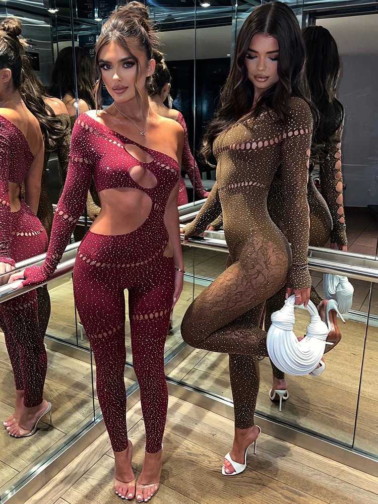 Sibybo sexy single rotating cuff hollow high elasticity jumpsuit glowing Rhinestone solid color Trouser sexy girl T-shirt X2503181