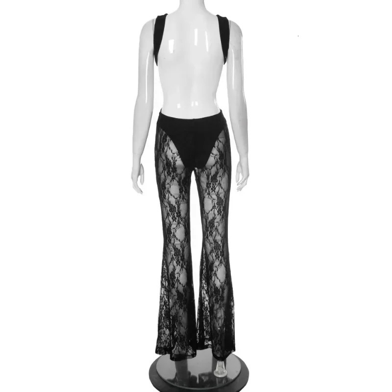 Womens sexy black patchwork lace jumpsuit O-neck backless ultra-thin glitter pants one-piece set party club jumpsuit 250314