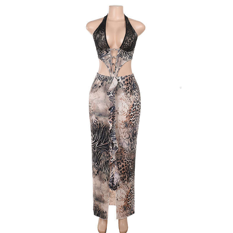 Women's Swimsuit Zx24428 Spring 2025 New Fashionable Long Skirt With Sexy Leopard Lace Splicing Dress