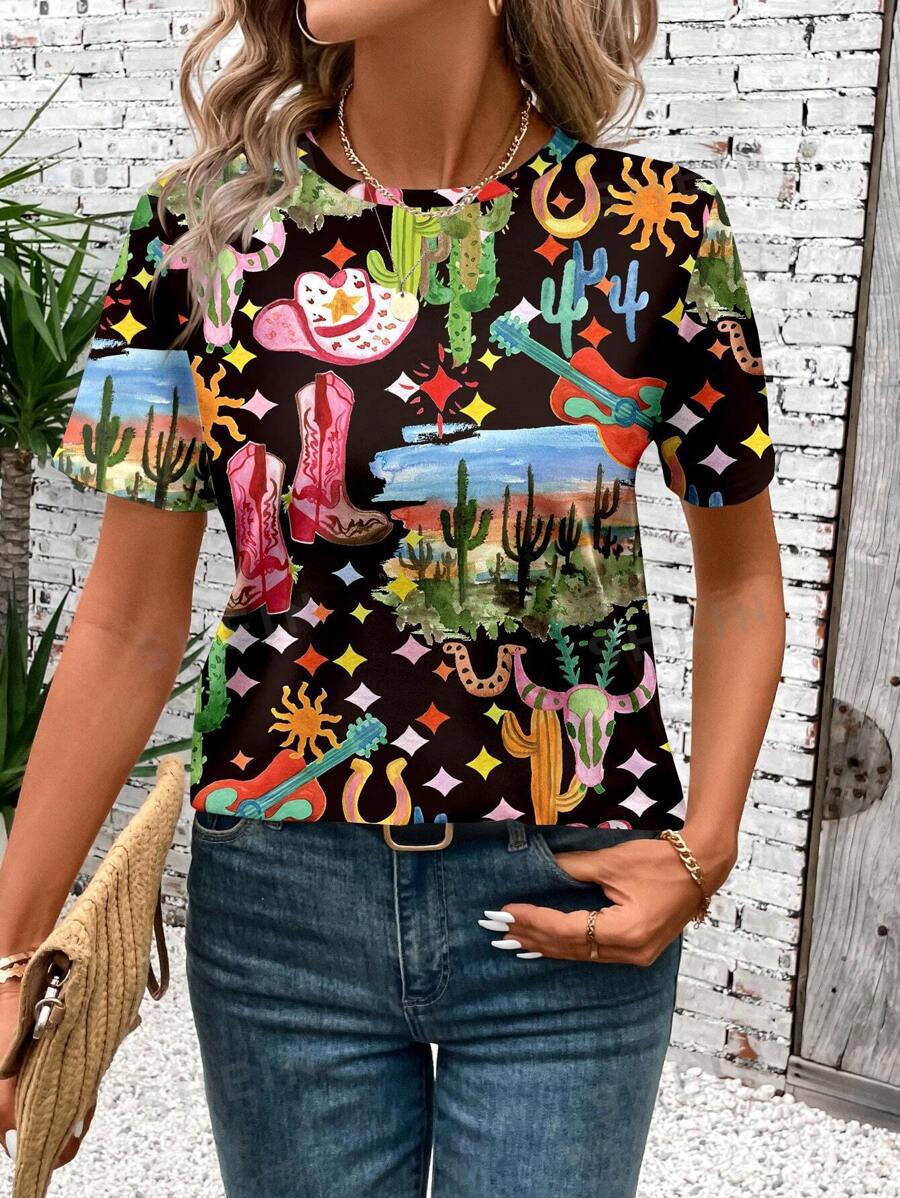 Women's T Shirts 3D printed women's trendy shoulder round neck loose short sleeved T-shirt