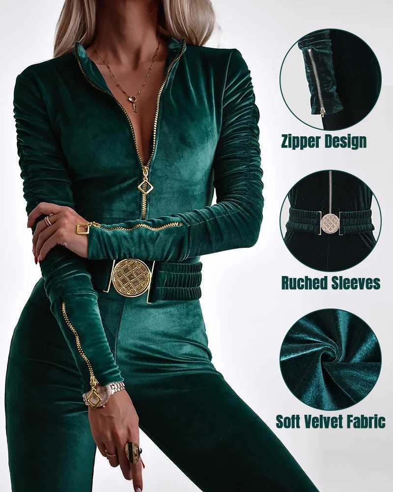 Zipper Design Ruched Long Sleeve Velvet Jumpsuit With Elastic Waistbelt X250318