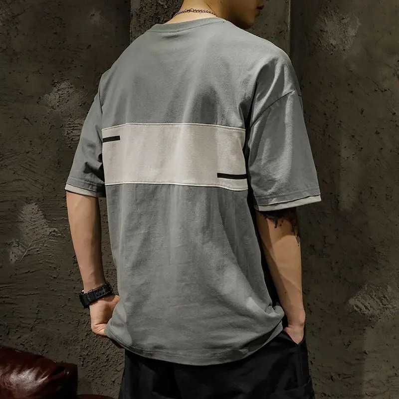 Fashion O-neck splicing printed letters full matching T-shirt for mens wear summer loose Korean style top casual T-shirt 250317