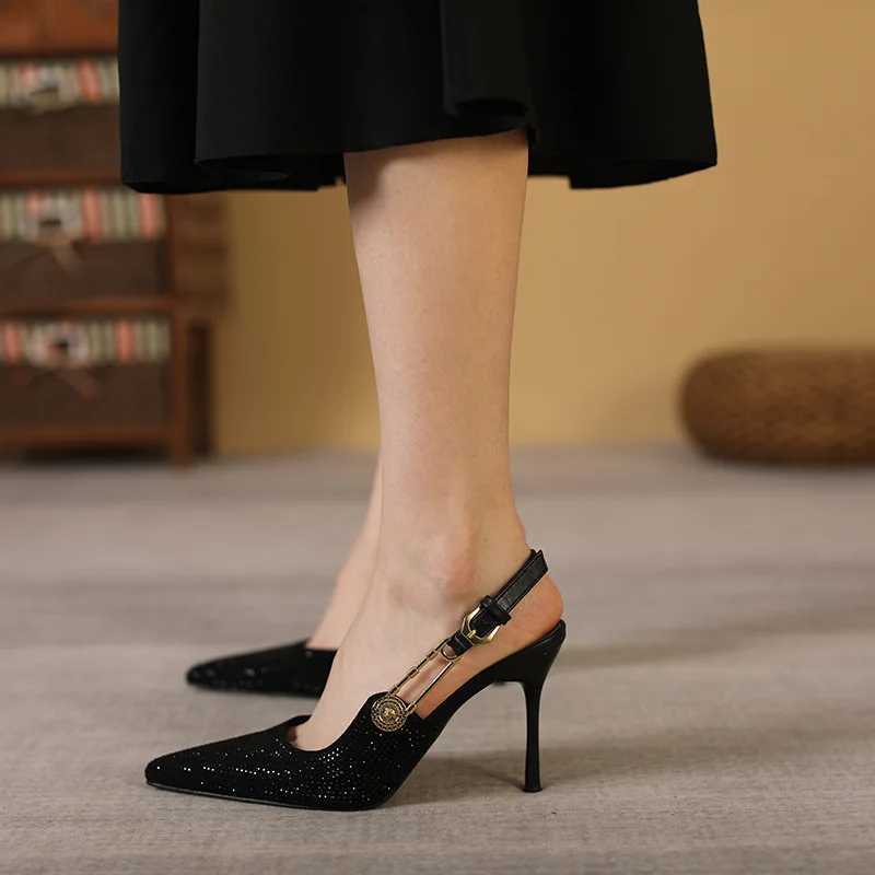 Summer New Pointy Black Dinner Diamd High Heel Thin Heel Sensual Shallow Sandals Y250317