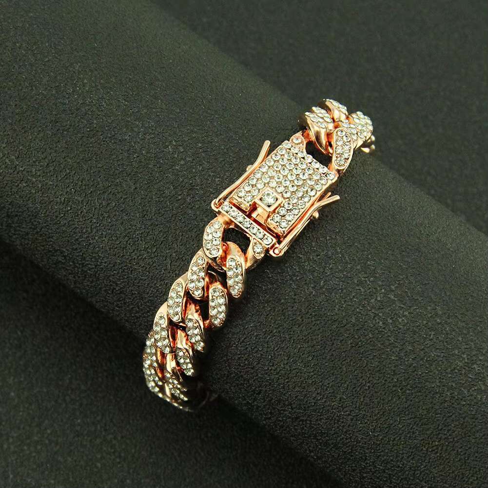 Fine jewelry gold-plated thick curb pearl crystal Cuban chain bracelet