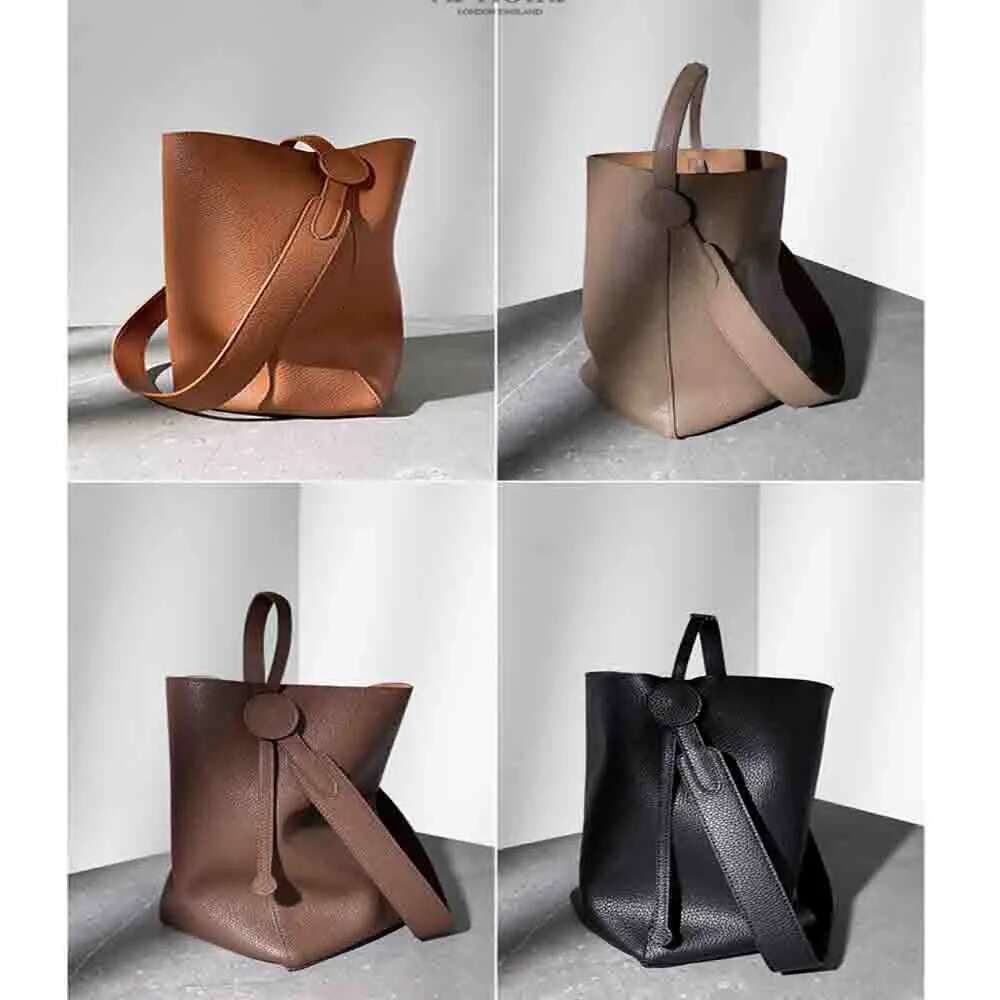 Minimalism Fashion Women Bucket Genuine Leather Handbags And Purses Soft Calfskin Casual Tote Bag New