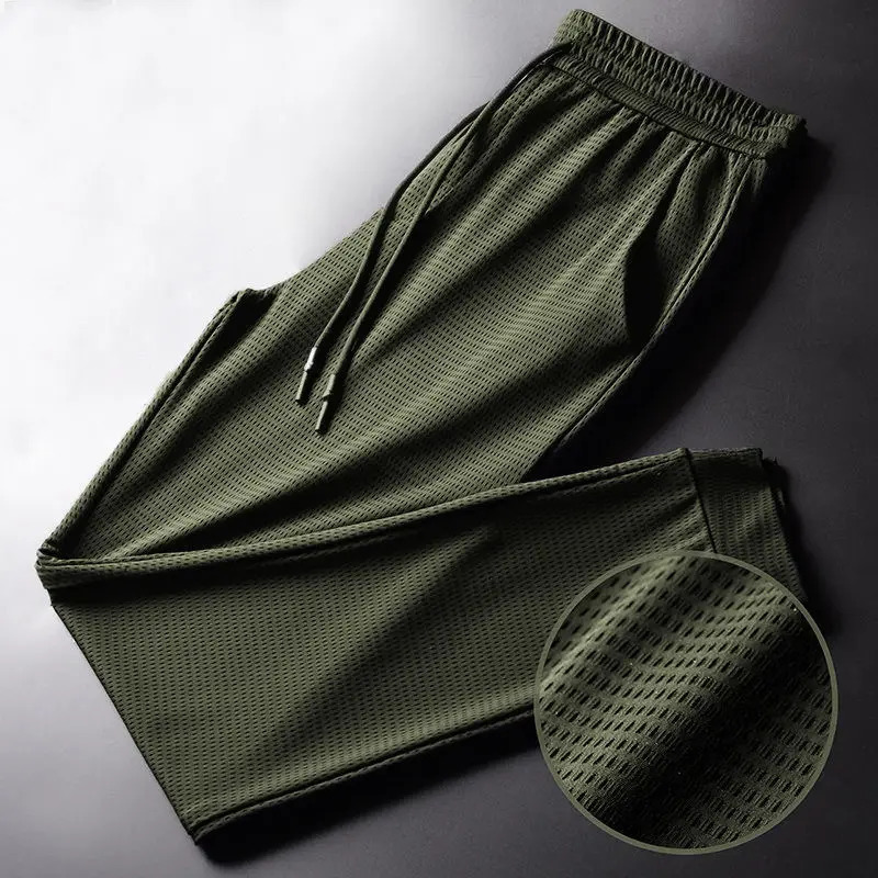 Mens Summer Ice Silk Pants Mesh Breathable Casual Thin Quick Dry Pants Loose Elastic Beam Feet Pants Sports Fitness Pants 250318