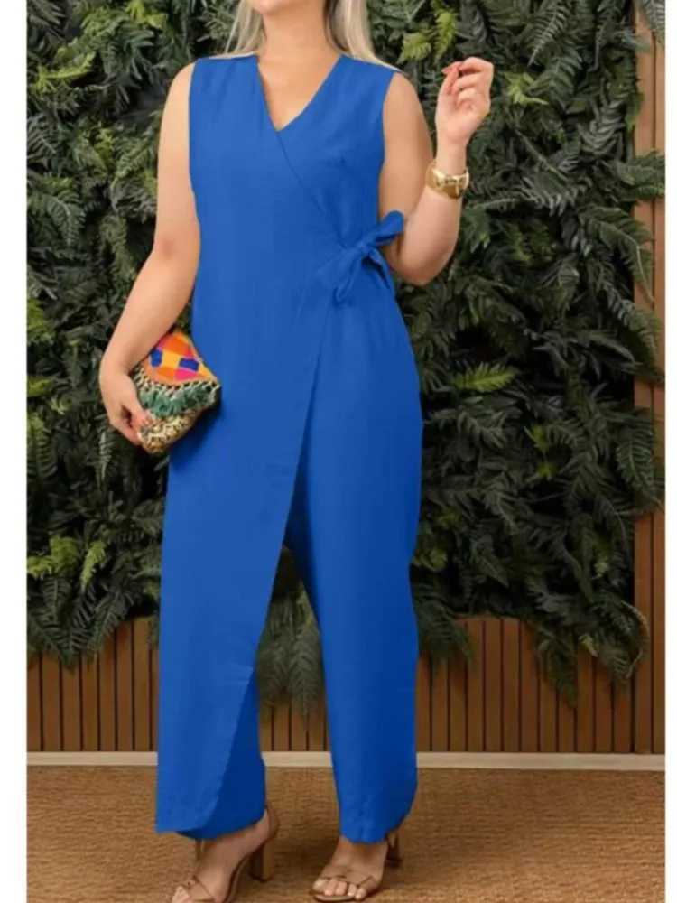 Elegant Womens V Neck Lace Up Jumpsuit Summer Slveless Hollow Out Solid Color Office Playsuit Casual Strtwear Loose Romper X250318