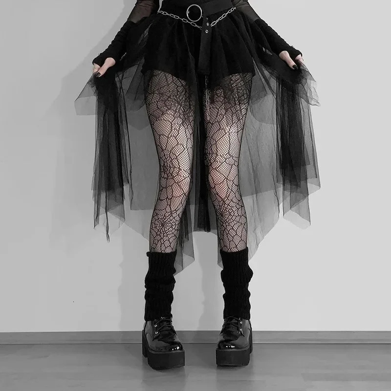 Sexy Net Yarn High-Waisted Irregular Skirt for Women Summer European and American Gothic Style Versatile Casual Skirts Punk 250318