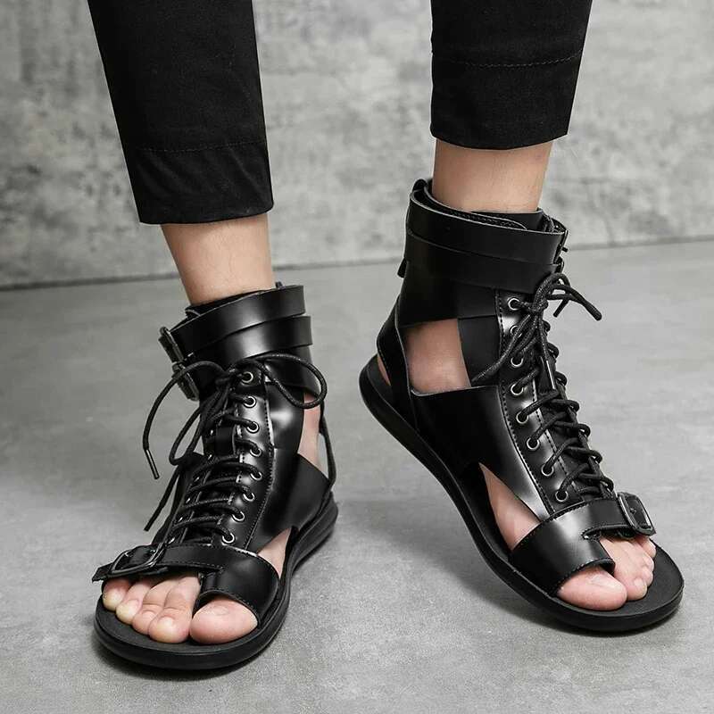 Summer New Fashion High Top Versatile Men's Roman Leather Casual Lace Up Buckle Strap Sandals Men Shoes