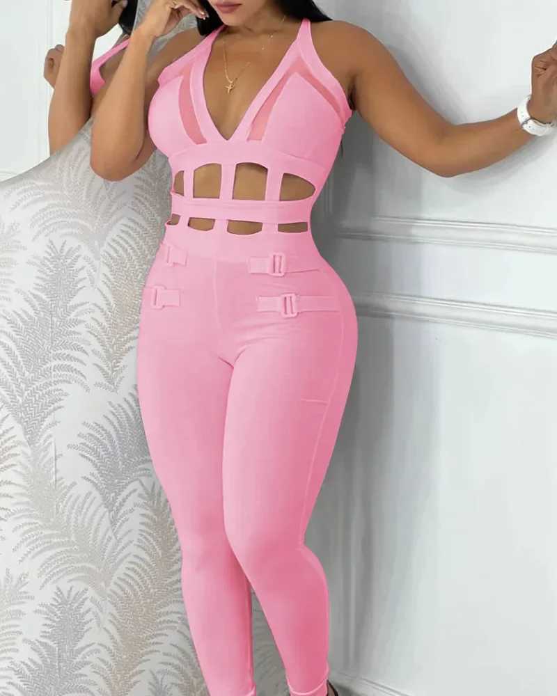 Womens spring and summer jumpsuit sleeveless new print white waist hollow shoulder strap fastened jumpsuit X250318