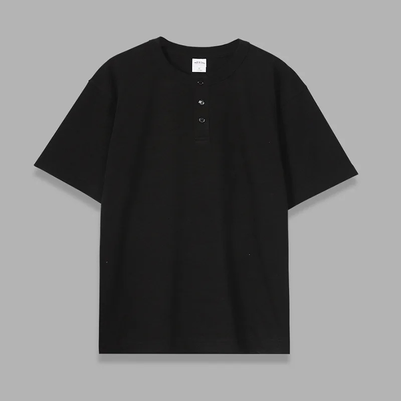 Mens Short Sleeve T-Shirt American Heavyweight 320g Slub Cotton Washed Loose Solid Color Henley Neck Tee Shirts Mens Clothing 250317