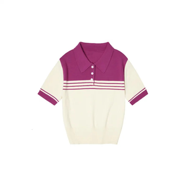 Summer Fashion Womens Wool Cotton Short-sleeved Tees Sweater Polo Collar Color Blocking Pullover Tops Knitted Bottoming T-shirt 250318