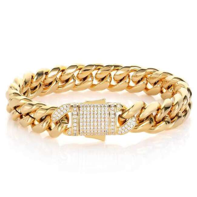 Hip hop zircon Miami Cuban chain, stainless steel bracelet, round ground password, men's rap spring buckle bracelet