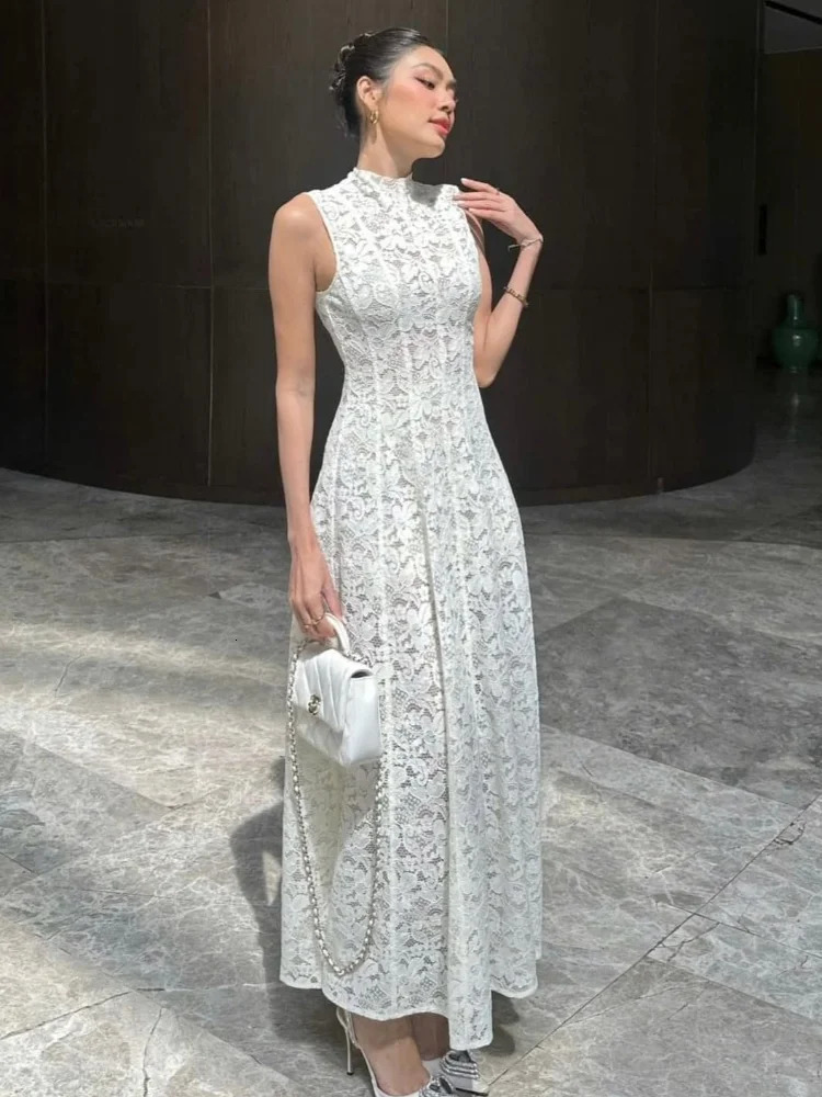 Fashionable sleeveless printed pleated hem Maxi dress for women elegant countryside color body Vestidos womens party dress 250314