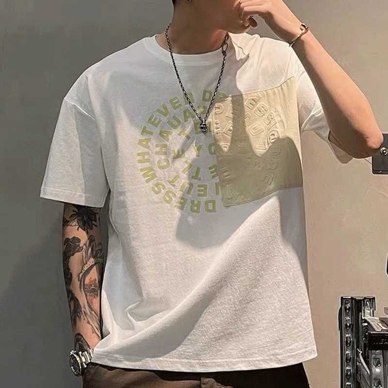 2023 New Mens Summer Fashion Casual Korean Edition Youth Trend Round Neck Letter Printed Loose Cotton Commuter T-shirtT250318