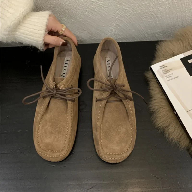 Women Flat Loafers Genuine Leather 2025 Retro Slip-on Loafers For Women Large-size Lace-up Shoes For Female 250318