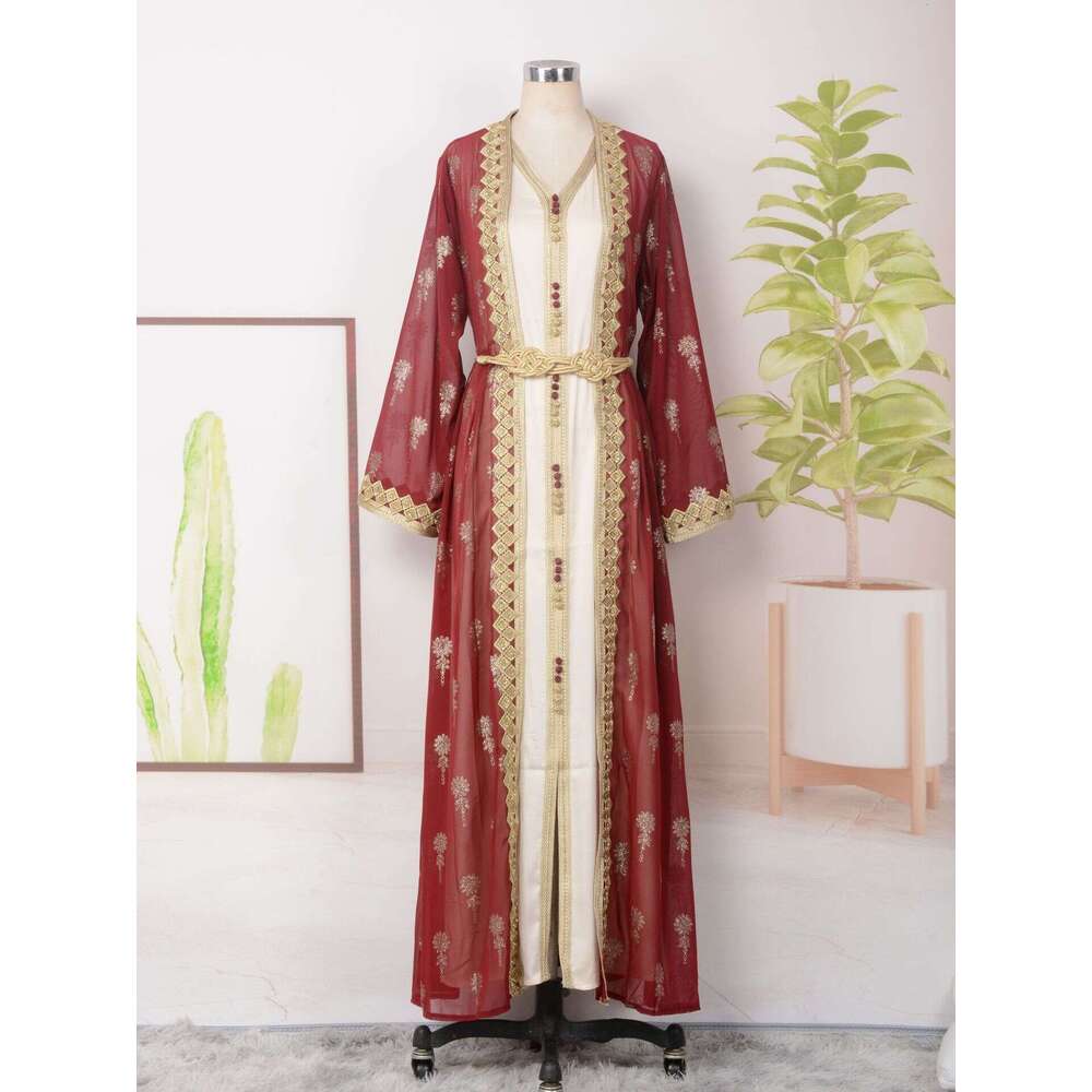 Mt029 Arab Clothing Robe Embroidered Cardigan Vest Two-Piece Set Dress