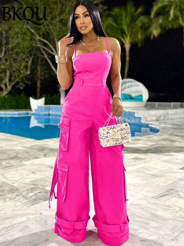 BKQU wide leg jumpsuit womens pocket spaghetti shoulder strap cargo integrated game server 2024 summer backless zipper shirt jacket X250318