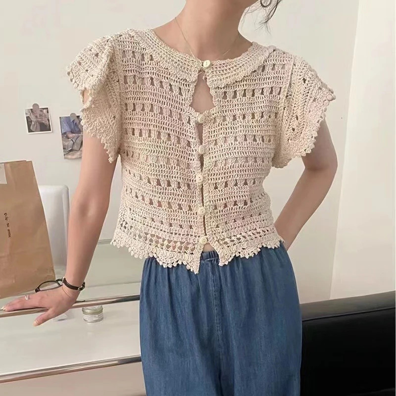 Embroidery Crochet Top Cardigan Flying Sleeve Wavy Hem Crop Tops for Women Korean Fashion Chic Spring Summer Outfit 250318