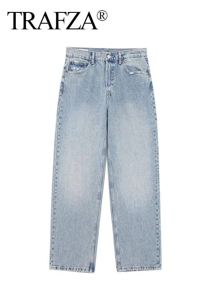 TRAFZA Womens Jeans Denim Solid Loose Zipper Flying Womens Hole Trouser Pocket Wild Basic Womens Wide Leg Pants 250224