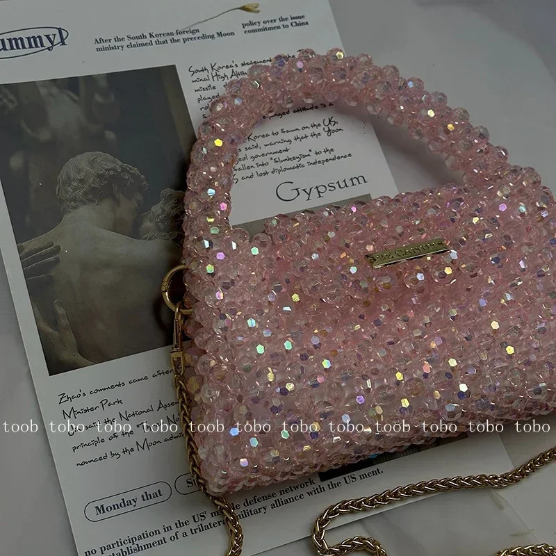 Summer Shining Bling Pink Clutch Bag Acrylic Beaded Woven Handbags for Women Crossbody Dinner Bags with Inner 250318