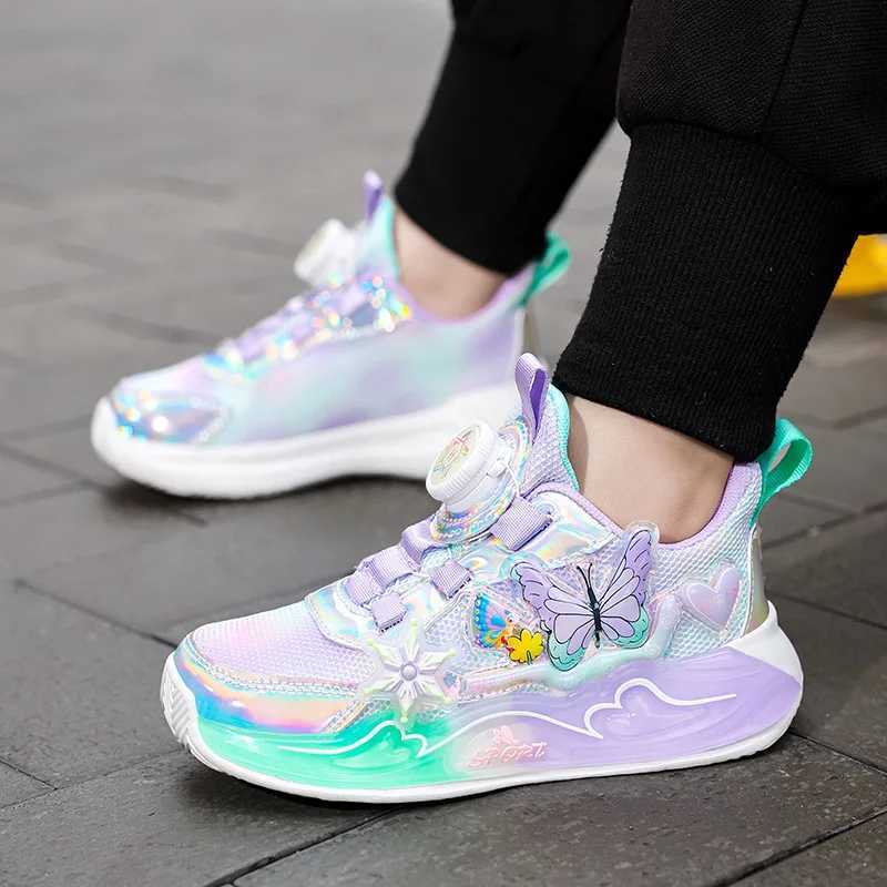 Childrens sports shoes 2025 new girls sports shoes grid breathable childrens running shoes rotating buckle soft soled leather boots W250318