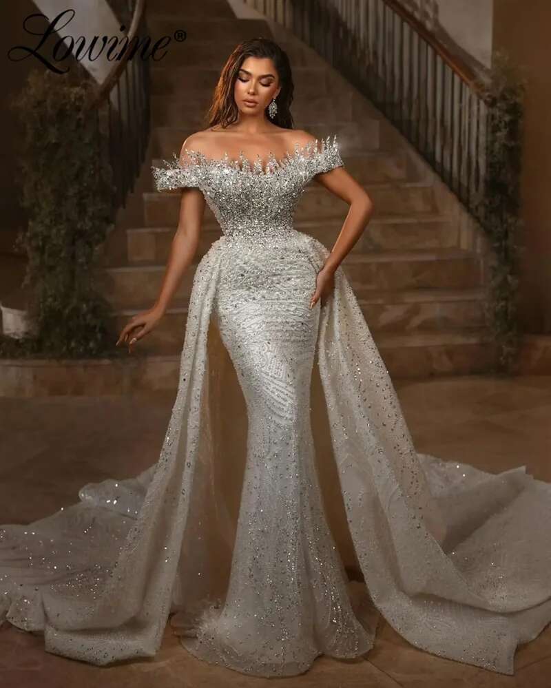 Haute Coutures 2025 Ivory Mermaid Prom Dresses Sparkly Crystals Pearl Arabic Dubai Evening Dress Off The Shoulder Robe De Soiree Dr0318