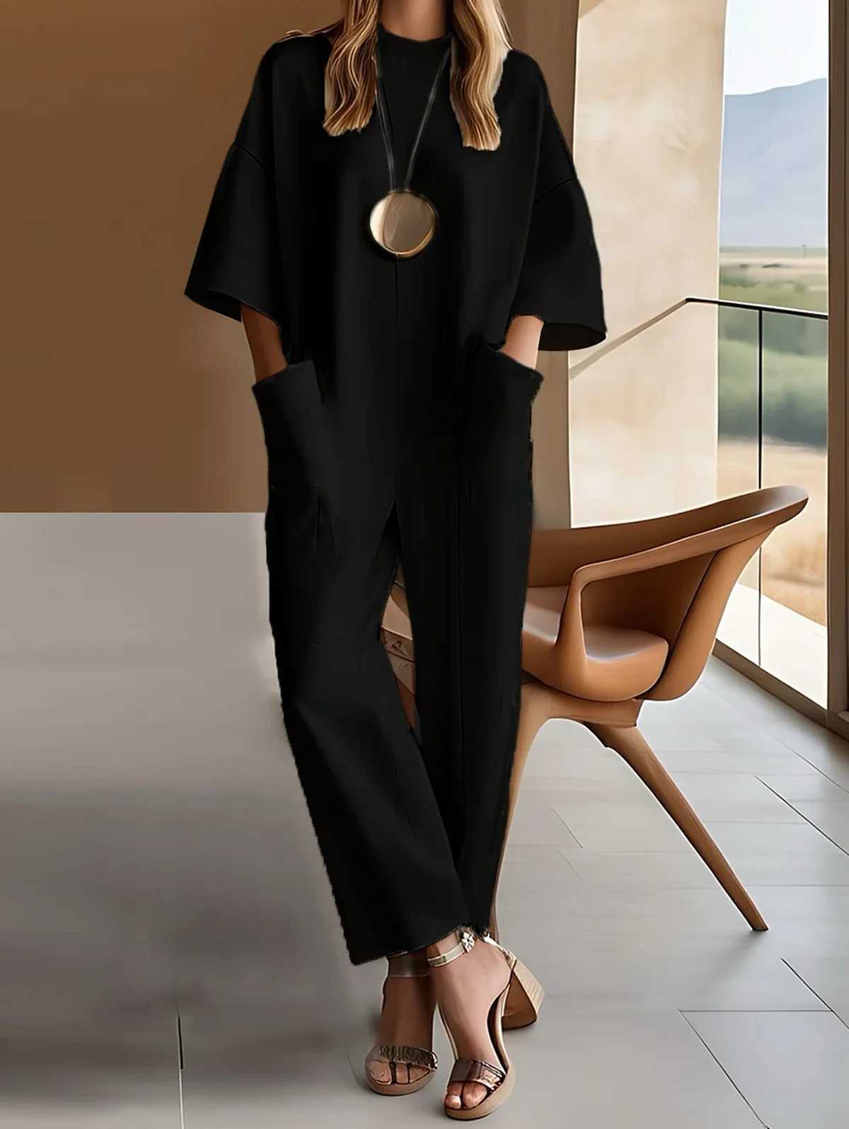 Womens loose jumpsuit solid color casual 3/4 Slve O-neck pocket pants womens daily jumpsuit X250318