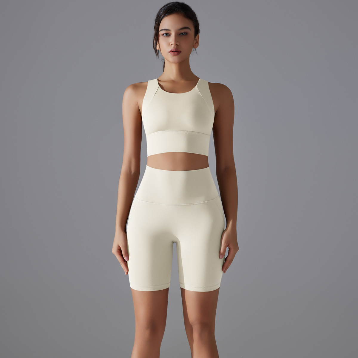 New tracksuit tight solid color fixed cup sports bra yoga suit set, base fitness antibacterial shorts two-piece set for women leggings