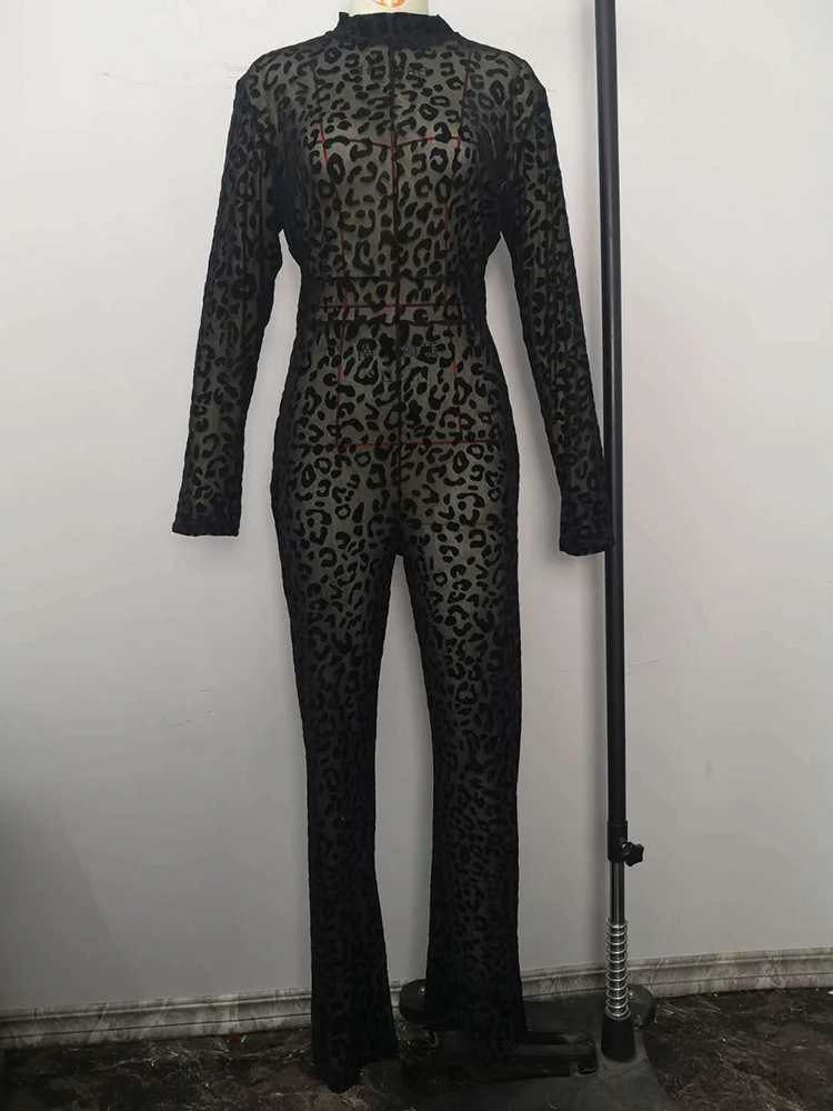 Sibybo Fashion Gauze Jumpsuits Sexy Leopard Print S Through Rompers Casual Basic Long Slves Wide Leg Pants Hot Girl Clothing X250318