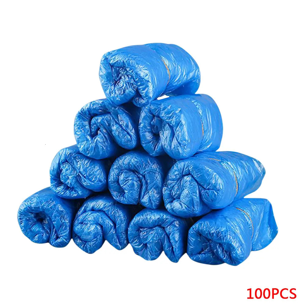 1 pack100 pieces of waterproof boot covers plastic disposable shoe rain dustproof blue 250318