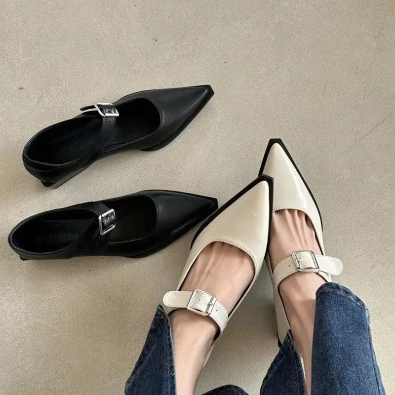 Spring and Autumn Line Belt Buckle Medium Heel Small Leather Shoes To Wear Fashion Mary Jane Shoes Womens Shoes 250318
