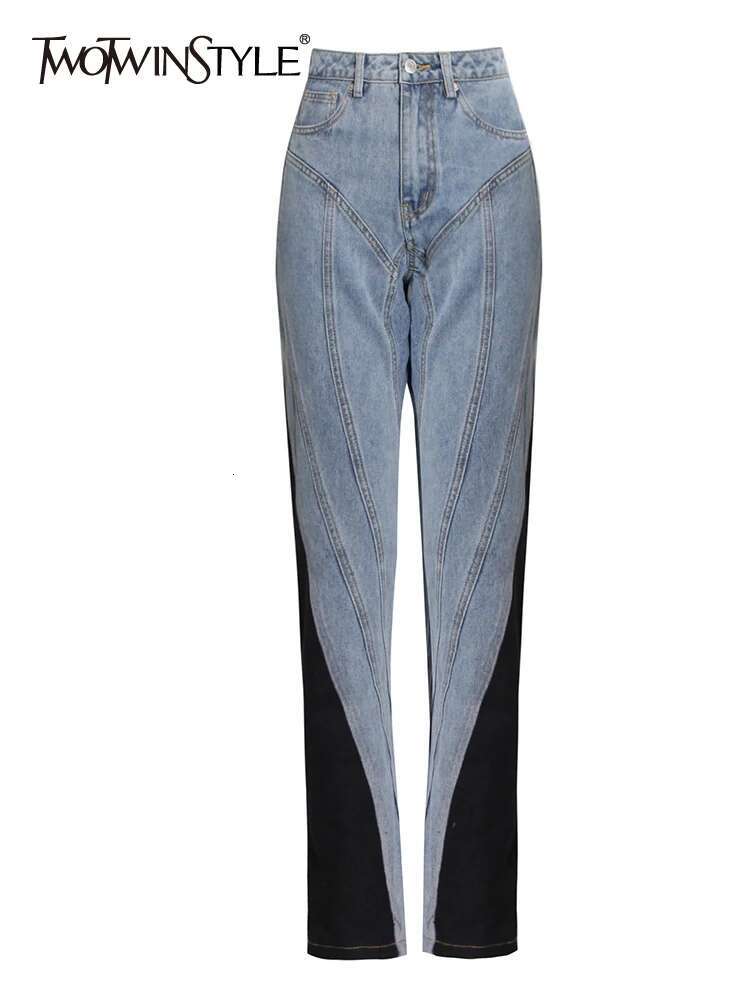 TWOTWINSTYLE Patchwork Denim Colorblock Pencil Pants For Women High Waist Loose Chic Trousers Female Clothing 2021 Style New