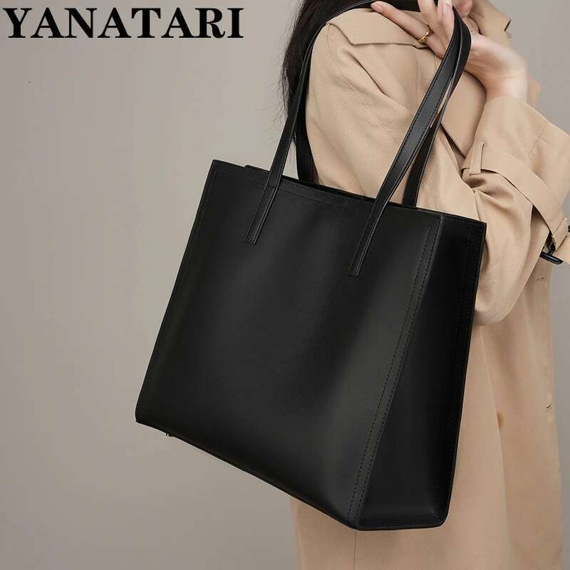 YANATARI NEW Large capacity tote Briefcase Leather business laptop Black shoulder bag Simple cowhide handbag