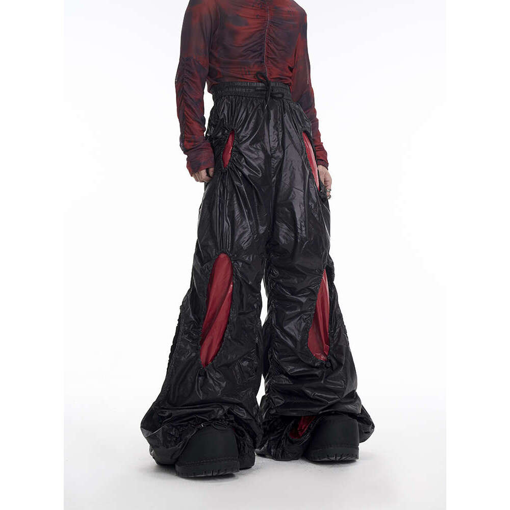 Men's Clothing Leather Pants Uniquely Folded Hollow Drawstring Casual For Men In Spring, New Splicing Color Blocking Stacking Wide Leg Or Pants