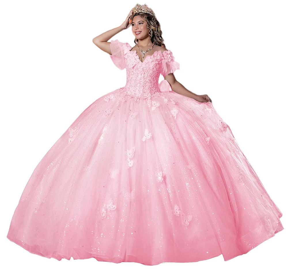 Ball Gown Quinceanera Dresses Puff Sleeve Butterfly Appliques Deep V-Neck Lace-up Tulle Plus Size Sweet 15 16 Princess Birthday Party Gowns Vestidos D