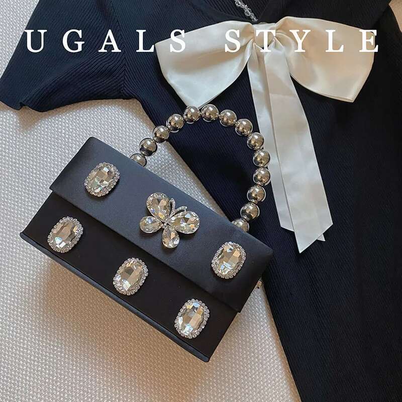 Designer Satin Square Box Crystal Shiny Dias Evening Women's Handbag Wedding Party Clutch Purse Crossbody Bag