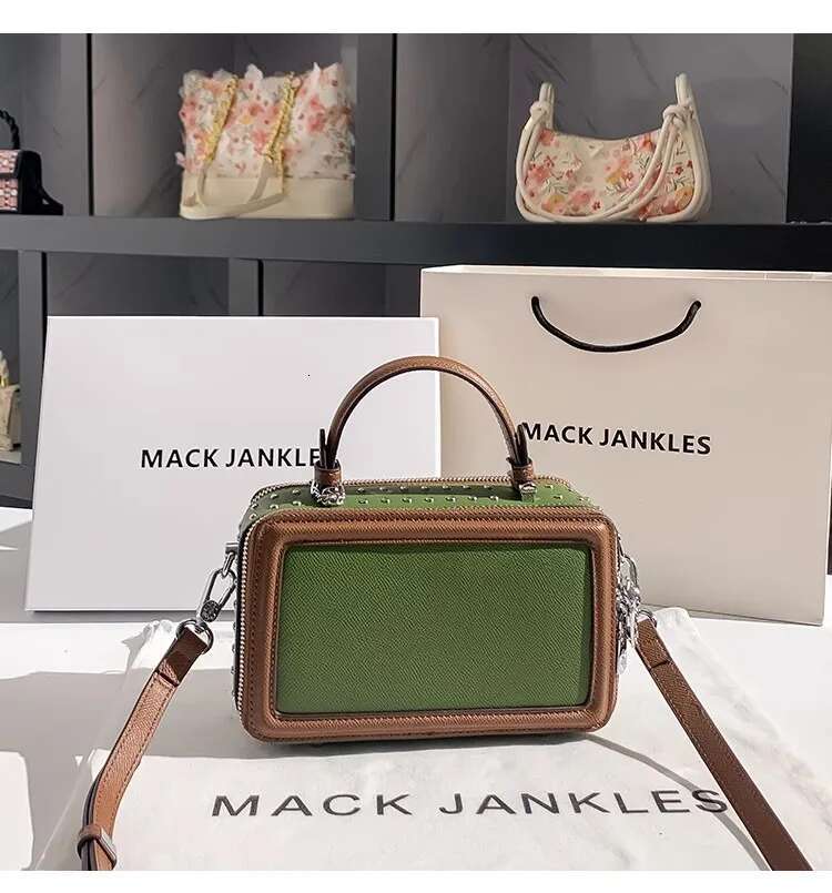 High Quality Textured Leather Ral Printing Square Box Fashion Rivet Women's Handbag Lady Purse Female Shoulder Messenger Bag