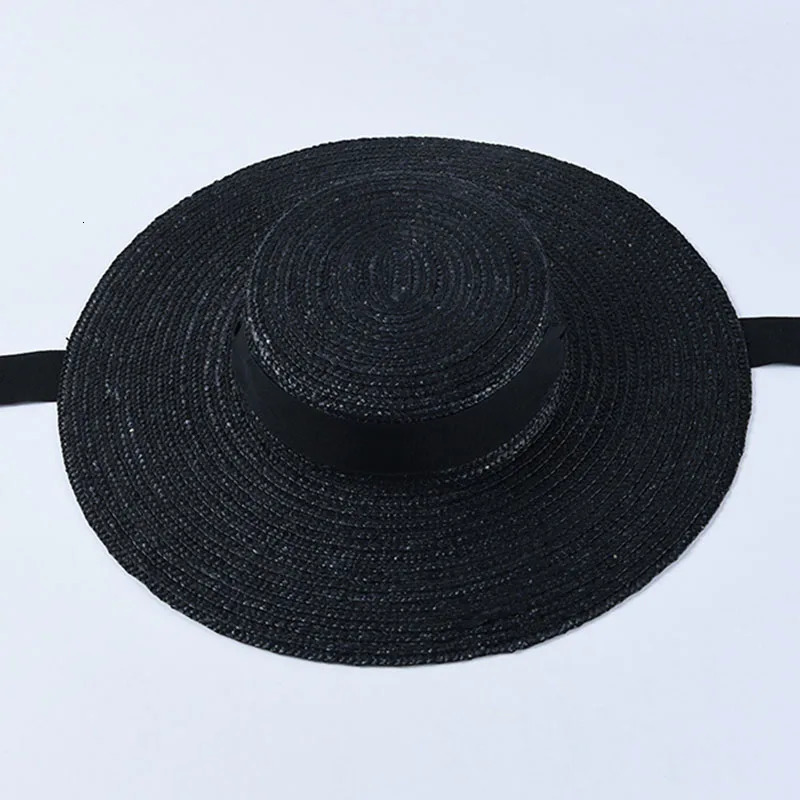 Wide Brim Boater Hat 10cm 15cm Brim Straw Hat Flat Women Summer Derby Hat White Black Ribbon Tie Sun Hat Beach Cap 250318