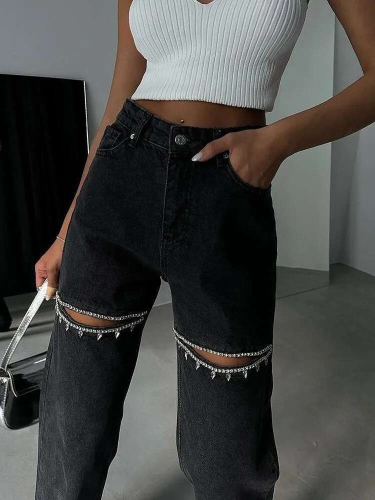 TWOTWINSTYLE Hollow Out Patchwork Dias Jeans For Women High Waist Spliced Pocket Casual Denim Pants Female Fashion Clothes