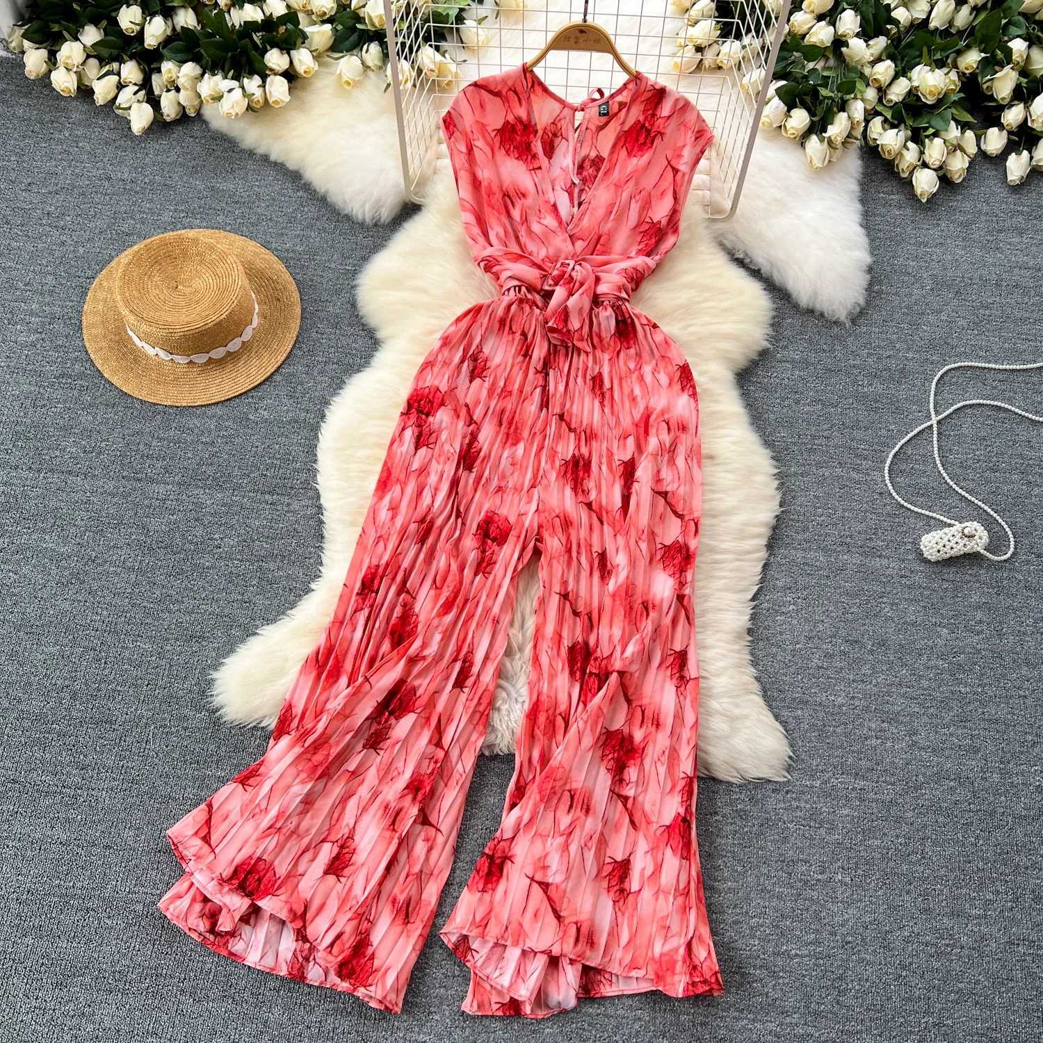 2024 Summer Elegant Womens Abstract Printed jumpsuit Fashion T-shirt Wide Leg Waiver Strapless X250318