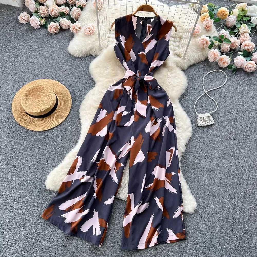 Women Summer Fashion Print Jumpsuits V-neck Slveless Romper Waistband Jumpsuits Euro Style Ladies Loose Leg Pants Overalls X250318