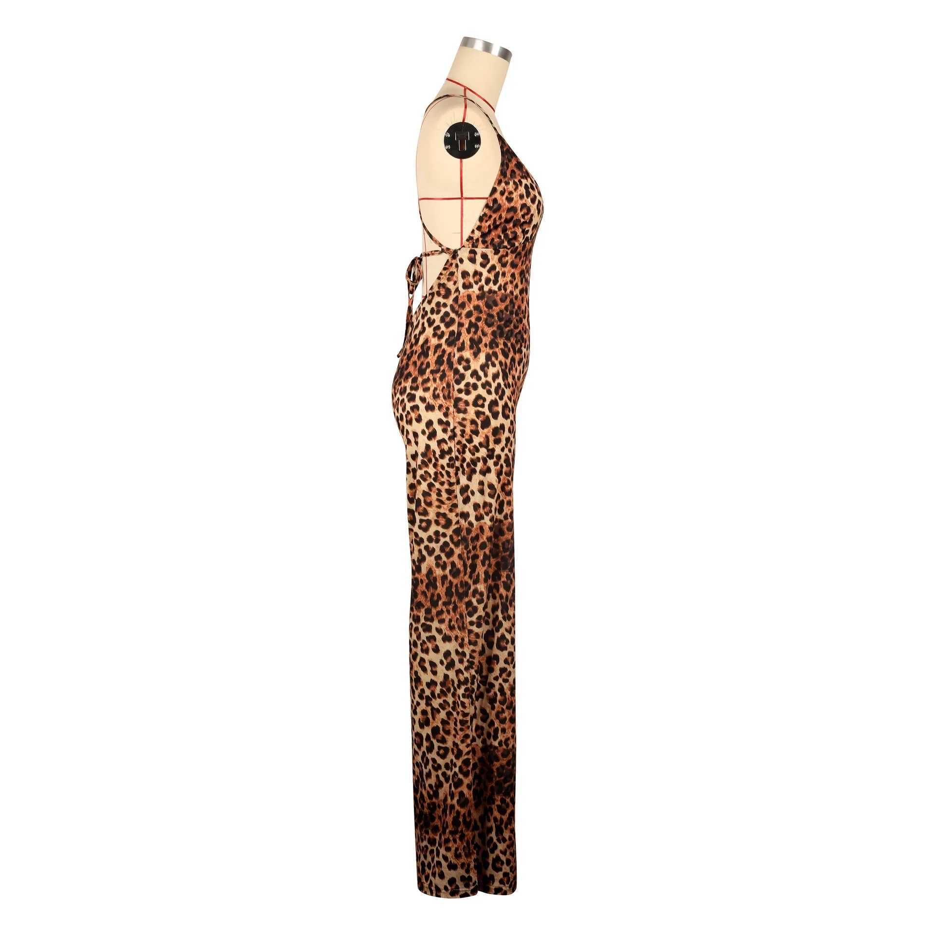 Leopard Print jumpsuit Suspenders Slightly Flared Sveless jumpsuit Summer Strt Fit Stretch Activity Workout Overalls X250318