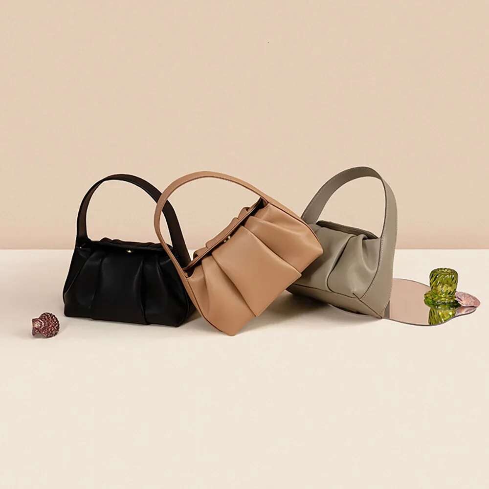 Fashion Summer Genuine Leather Pleated Cloud Bag Small Shoulder Crossbody Bags Brand Designer Female Soft Daily Casual Handbags