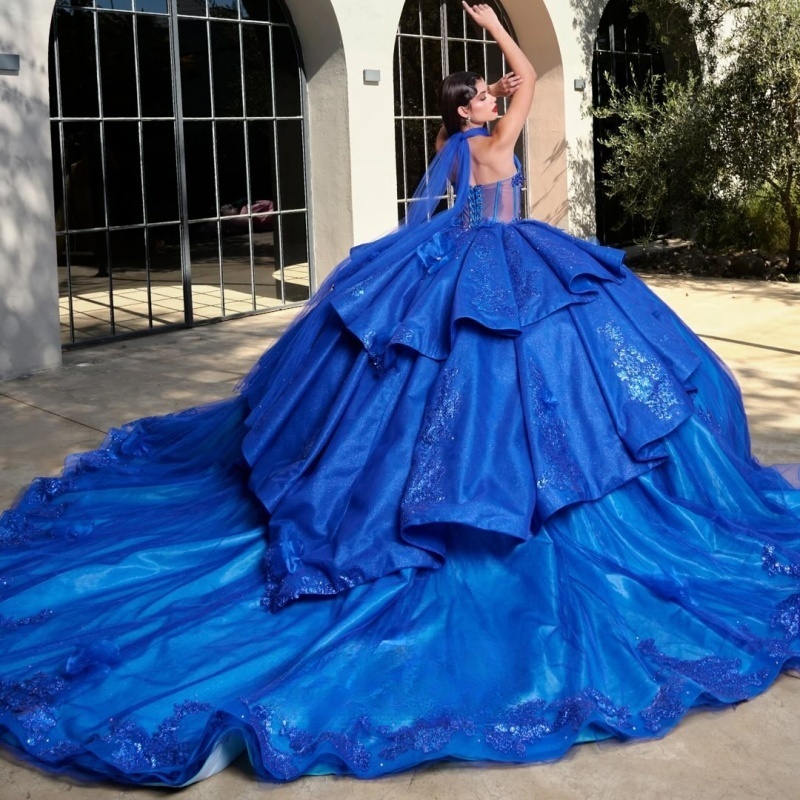 Royal Blue Shiny Off Shoulder Quinceanera Dresses Applique Flower Beads Tull Party Birthday Sweet 16 Dress Vestidos 15 De anos
