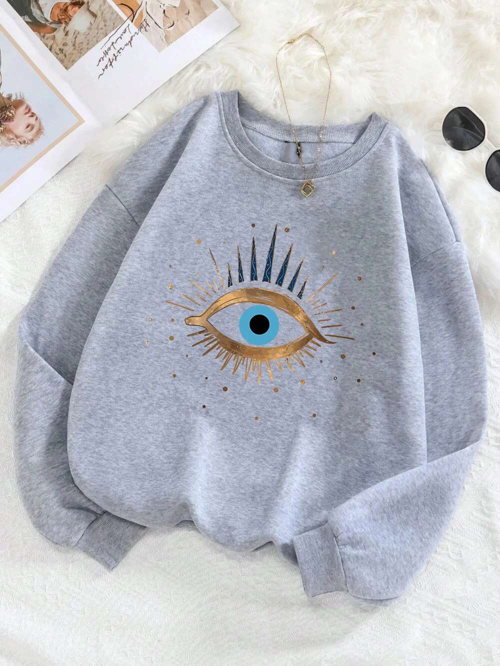 Designer Hoodie For Autumn And Winter Casual Women's Sportswear Retro Devil's Eye Printed Pullover Soft Breathable Loose Round Neck Hoodie W