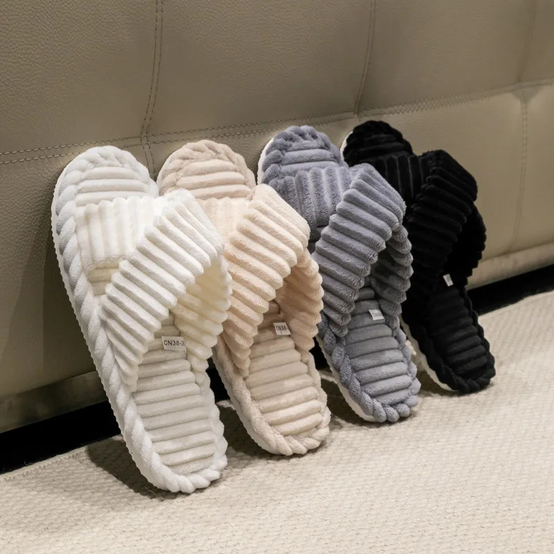 Fashion Corduroy Cross band Open Toe Home Slippers Women Autumn Winter Warm Plush Slides ladies Bedroom Soft Sole Slippers 250318